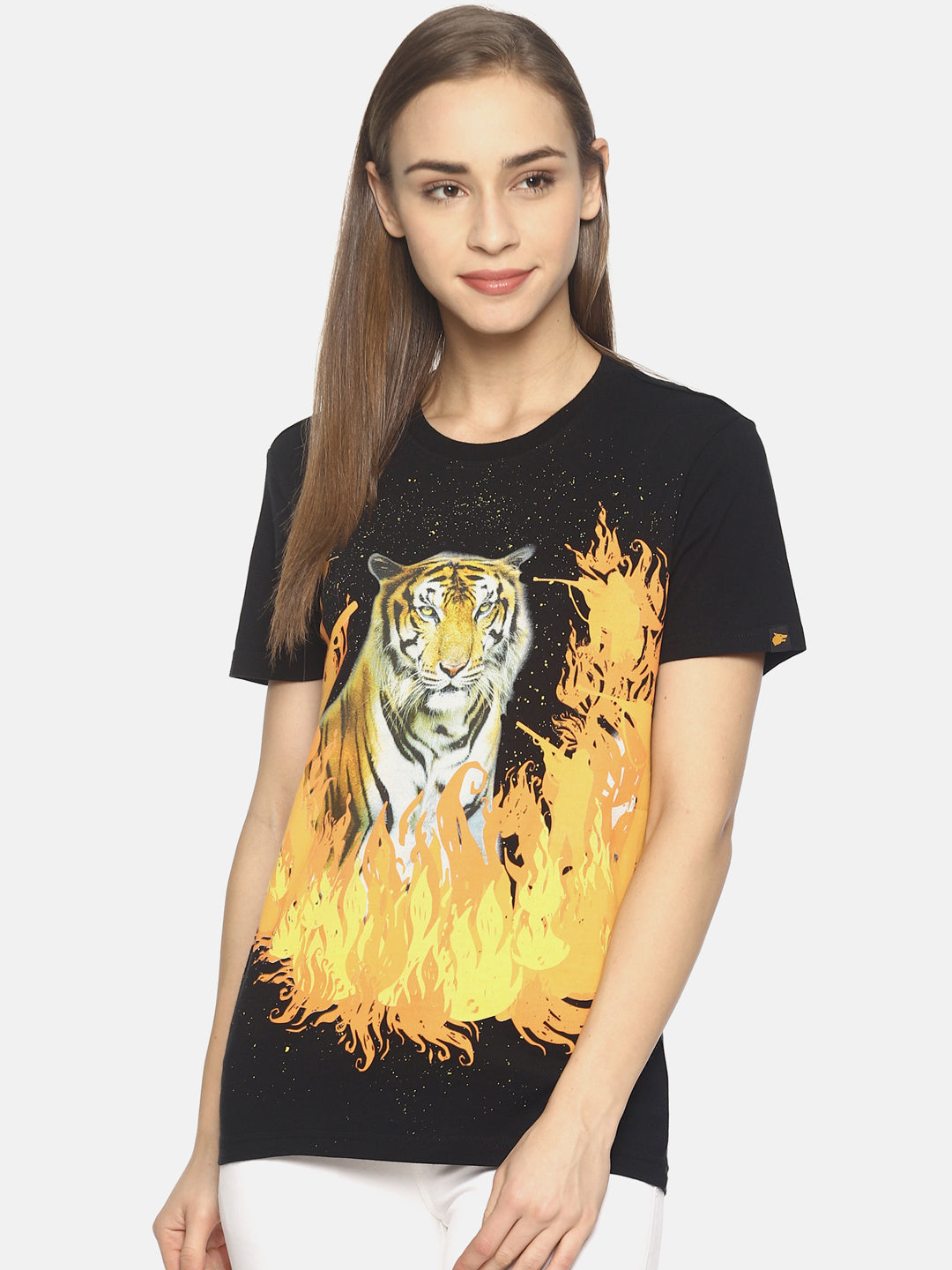 Wolfpack Tiger Forest Fire Black Printed Women T-Shirt