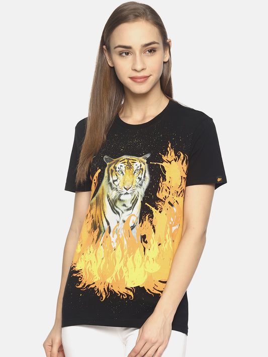 Wolfpack Tiger Forest Fire Black Printed Women T-Shirt