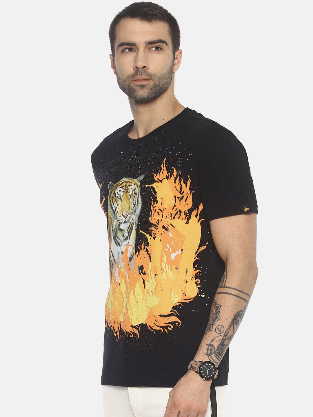Tiger Forest Fire Black Printed Men T-Shirt Wolfpack