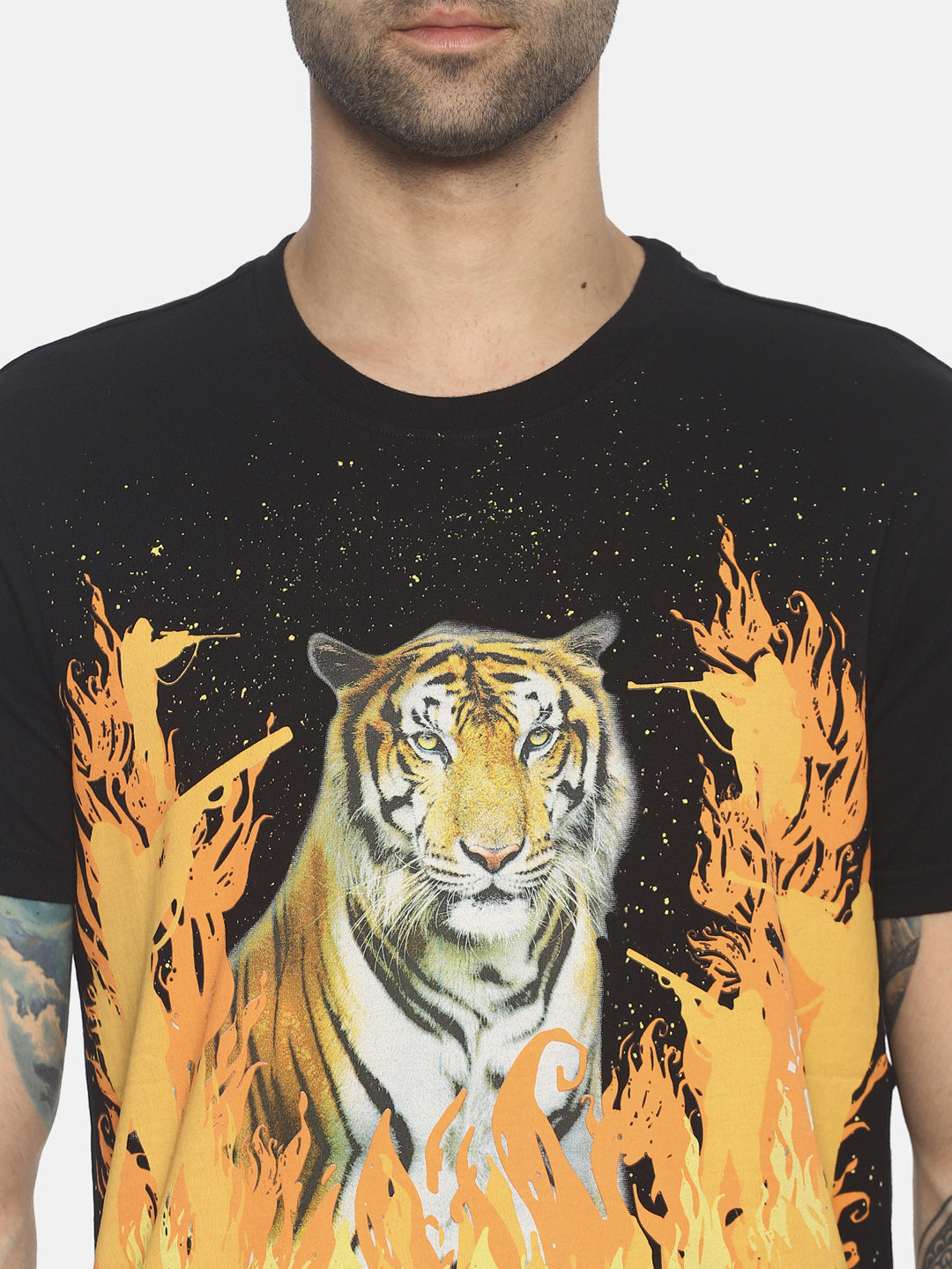 Tiger Forest Fire Black Printed Men T-Shirt Wolfpack