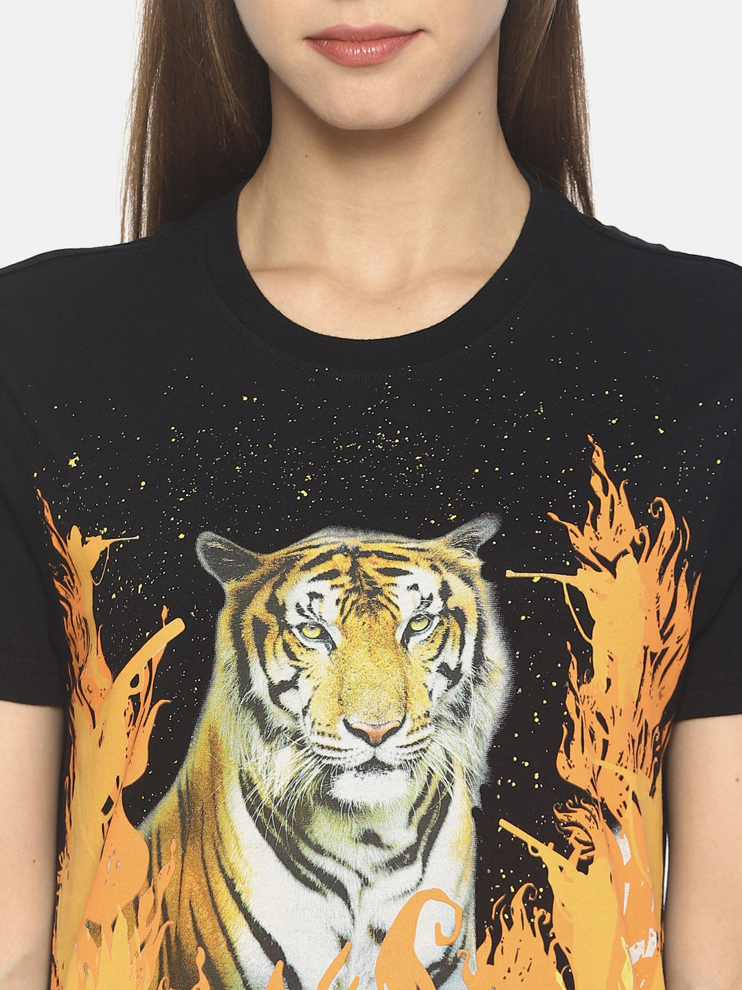 Wolfpack Tiger Forest Fire Black Printed Women T-Shirt