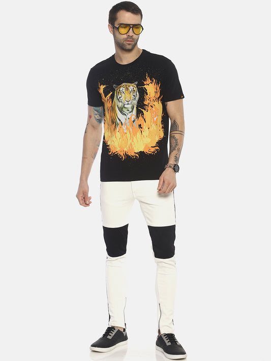 Tiger Forest Fire Black Printed Men T-Shirt Wolfpack