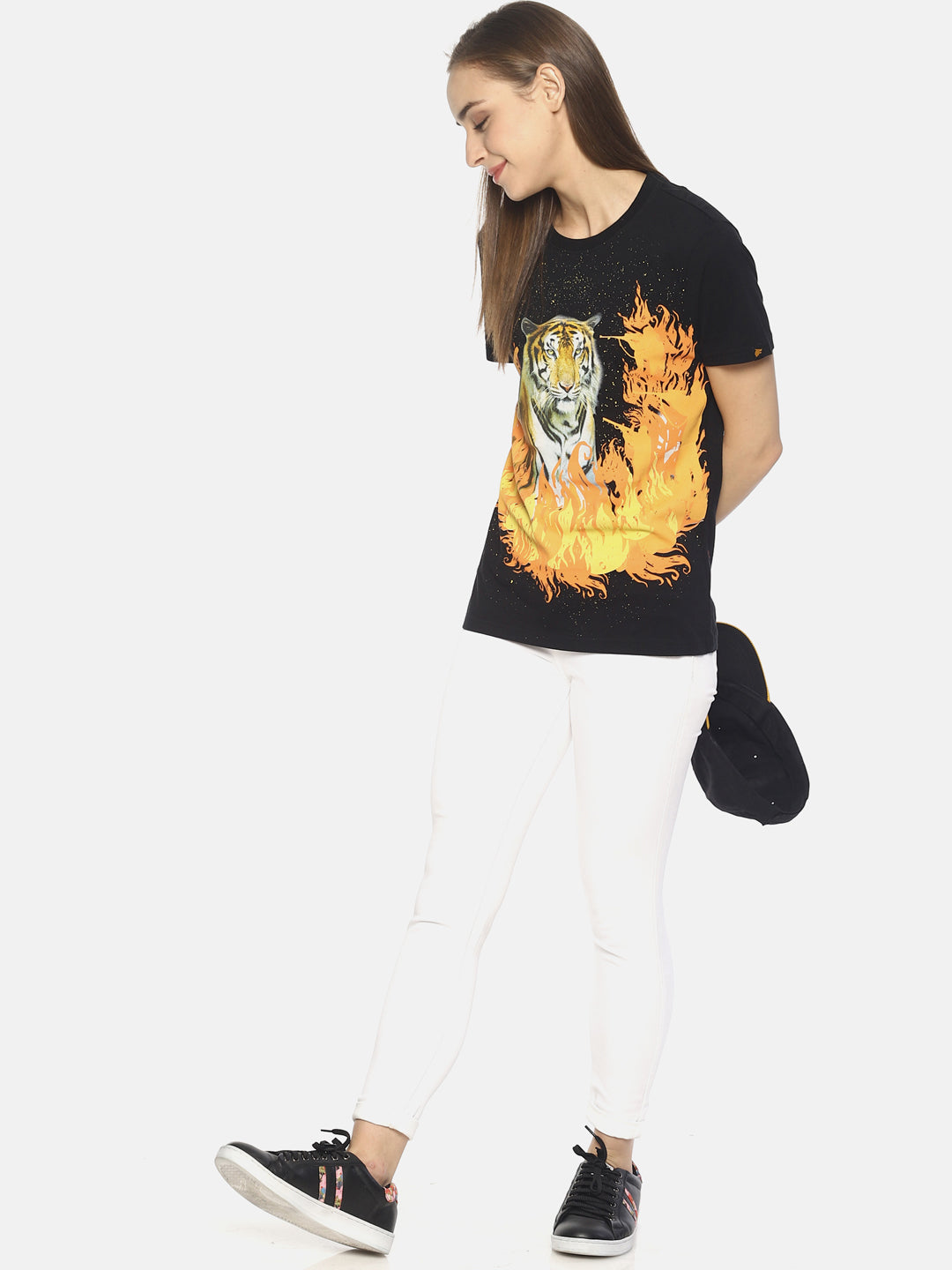 Wolfpack Tiger Forest Fire Black Printed Women T-Shirt