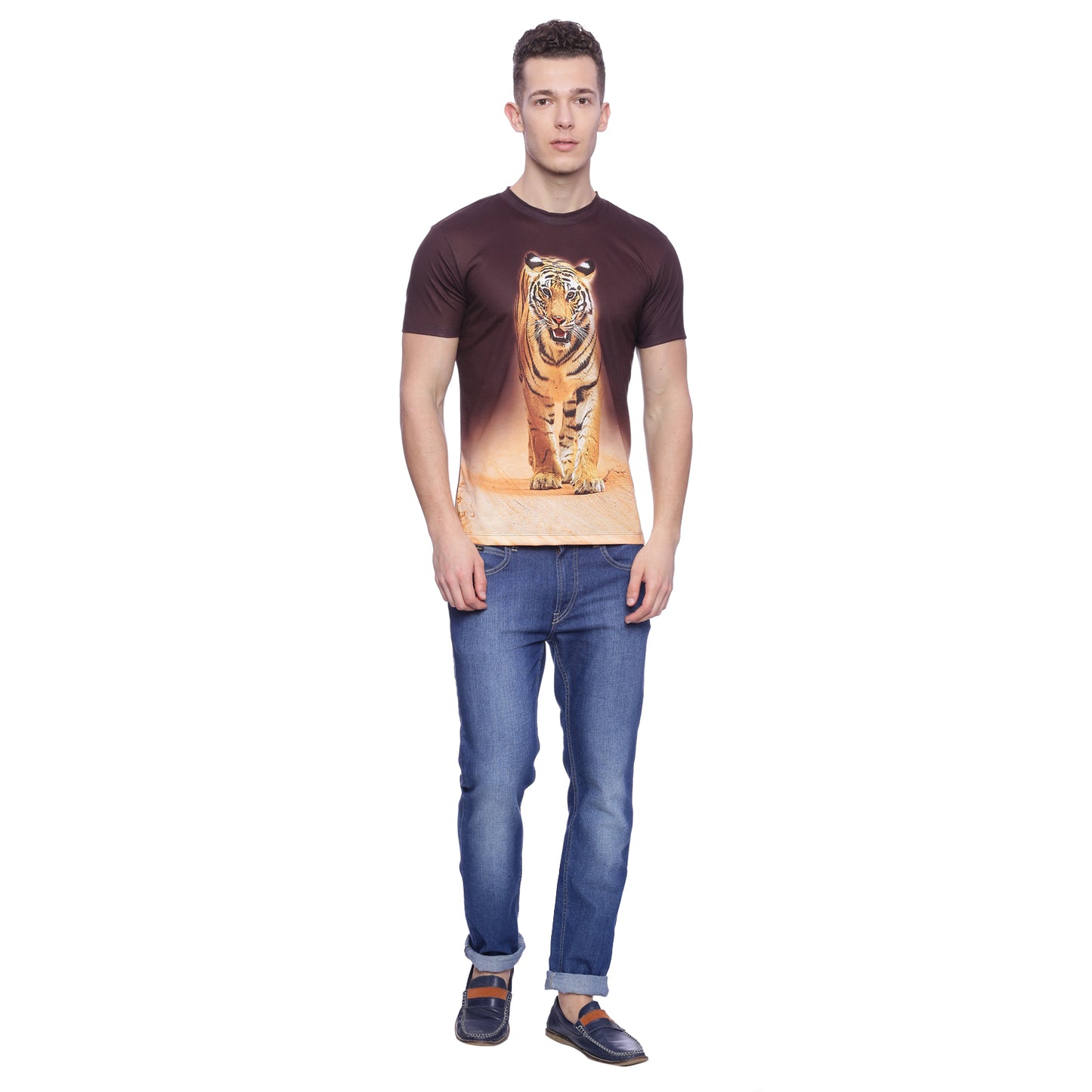 Tiger Head Brown Polyester Printed Men T-Shirt Wolfpack