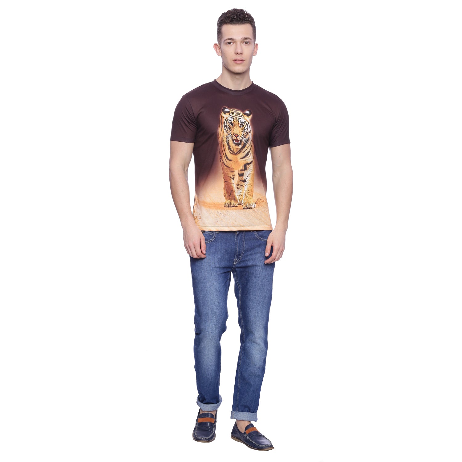 Tiger Head Brown Polyester Printed Men T-Shirt Wolfpack