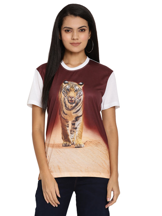 Wolfpack Tiger Head On Poly Brown with White Printed Women T-Shirt Wolfpack