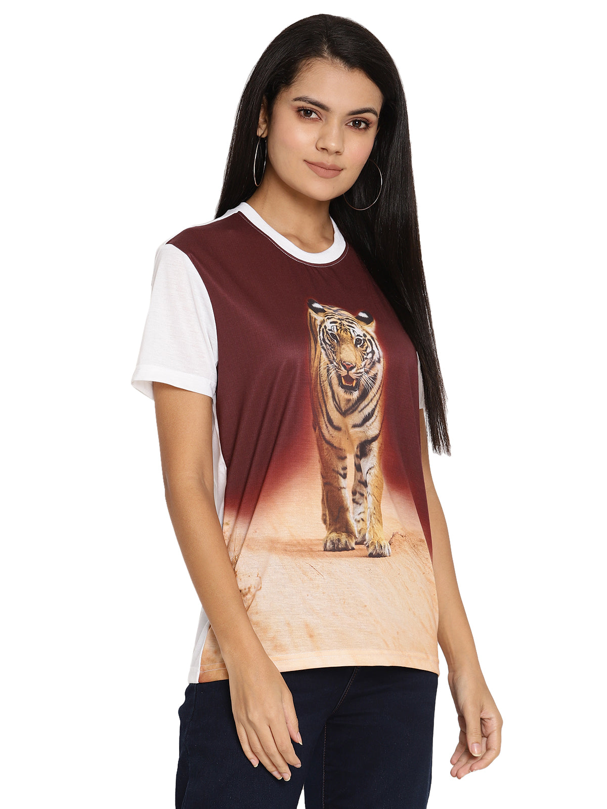 Wolfpack Tiger Head On Poly Brown with White Printed Women T-Shirt Wolfpack