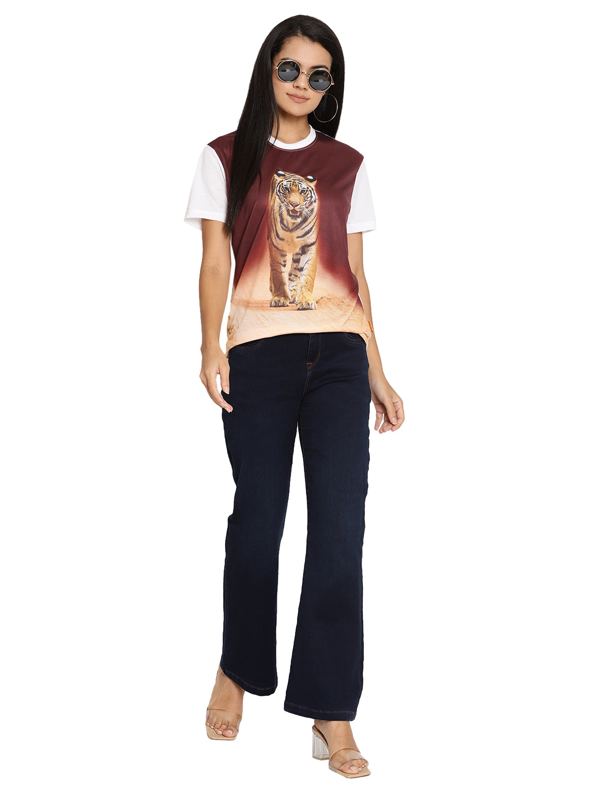 Wolfpack Tiger Head On Poly Brown with White Printed Women T-Shirt Wolfpack