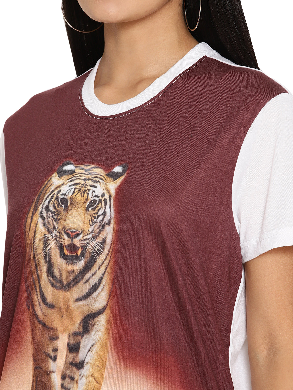 Wolfpack Tiger Head On Poly Brown with White Printed Women T-Shirt Wolfpack