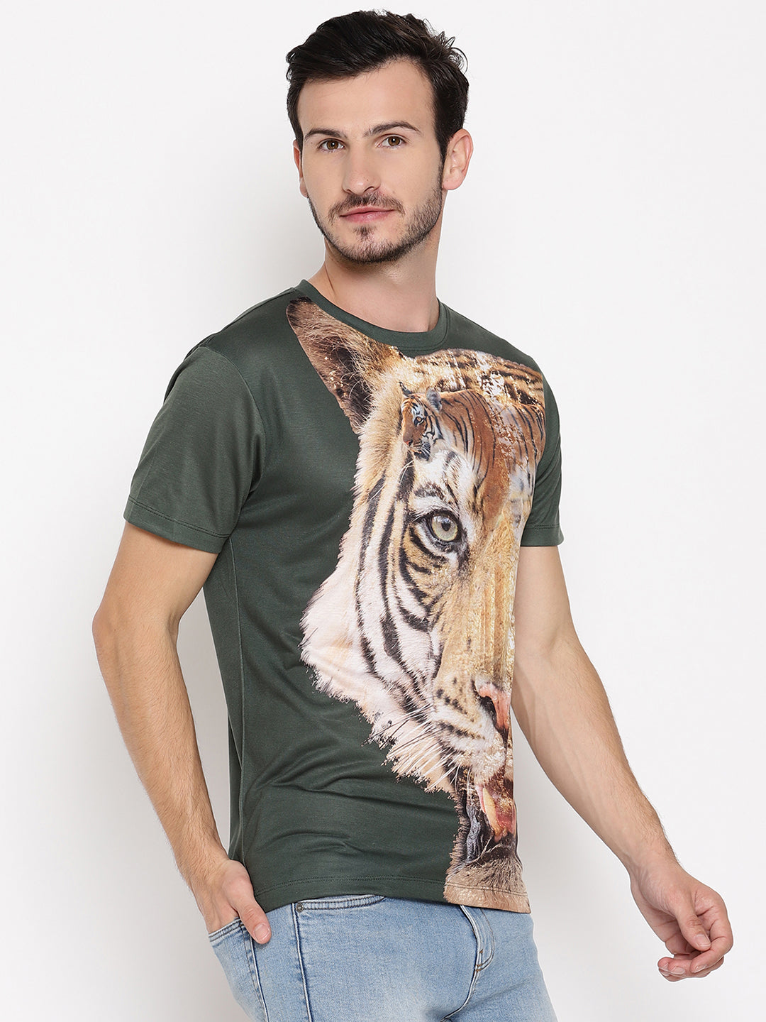 Tiger Side Green Printed Men T-Shirt