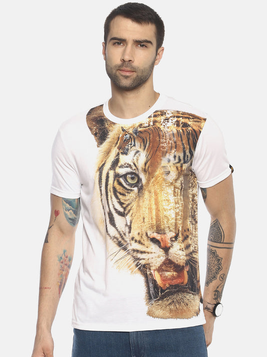 Tiger Side White Polyester Printed Men T-Shirt Wolfpack