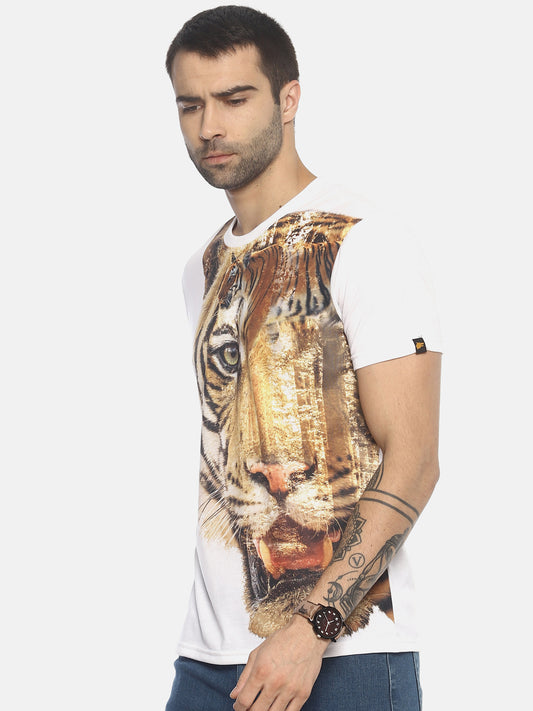 Tiger Side White Polyester Printed Men T-Shirt Wolfpack