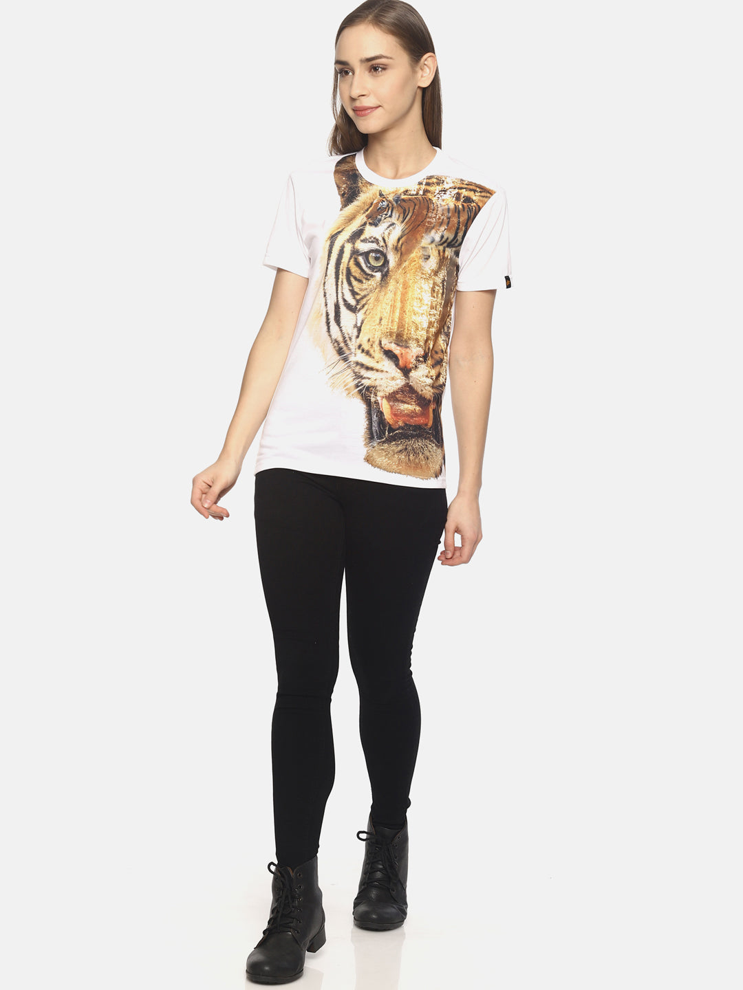 Wolfpack Tiger Side White Printed Women T-Shirt Wolfpack
