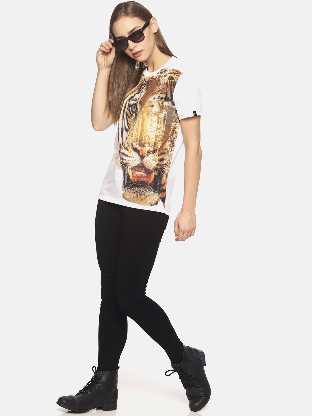 Wolfpack Tiger Side White Printed Women T-Shirt Wolfpack