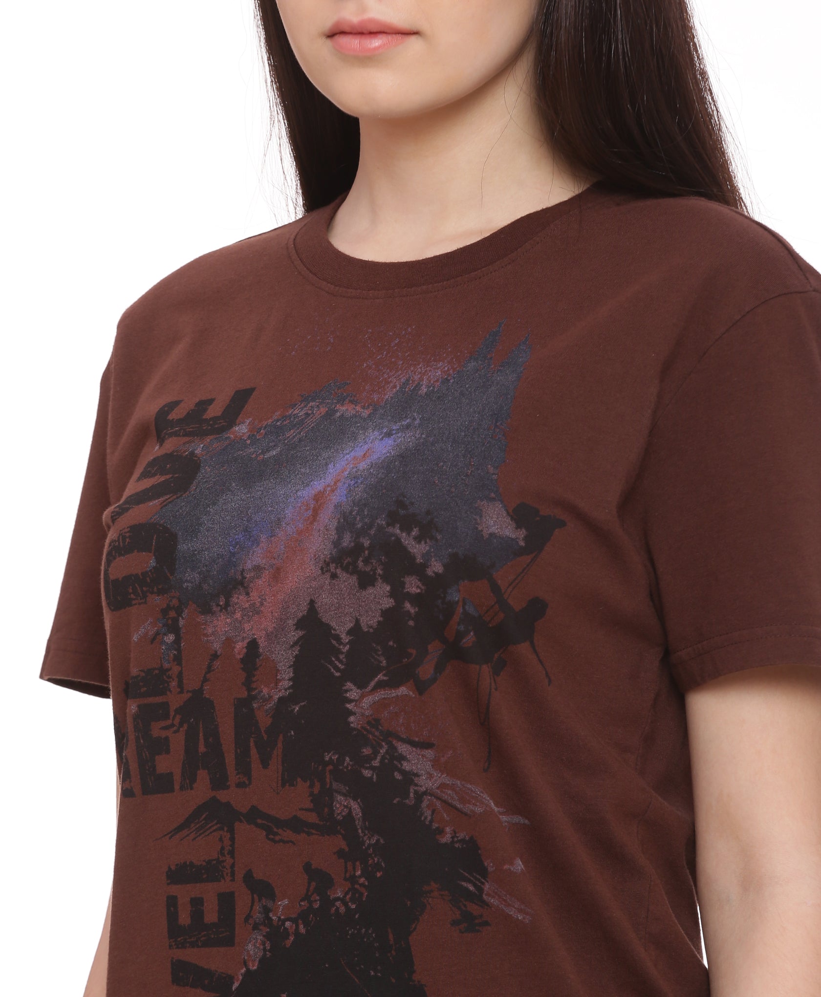 Wolfpack Travel Dream Chocolate Brown Printed Women T-Shirt Wolfpack