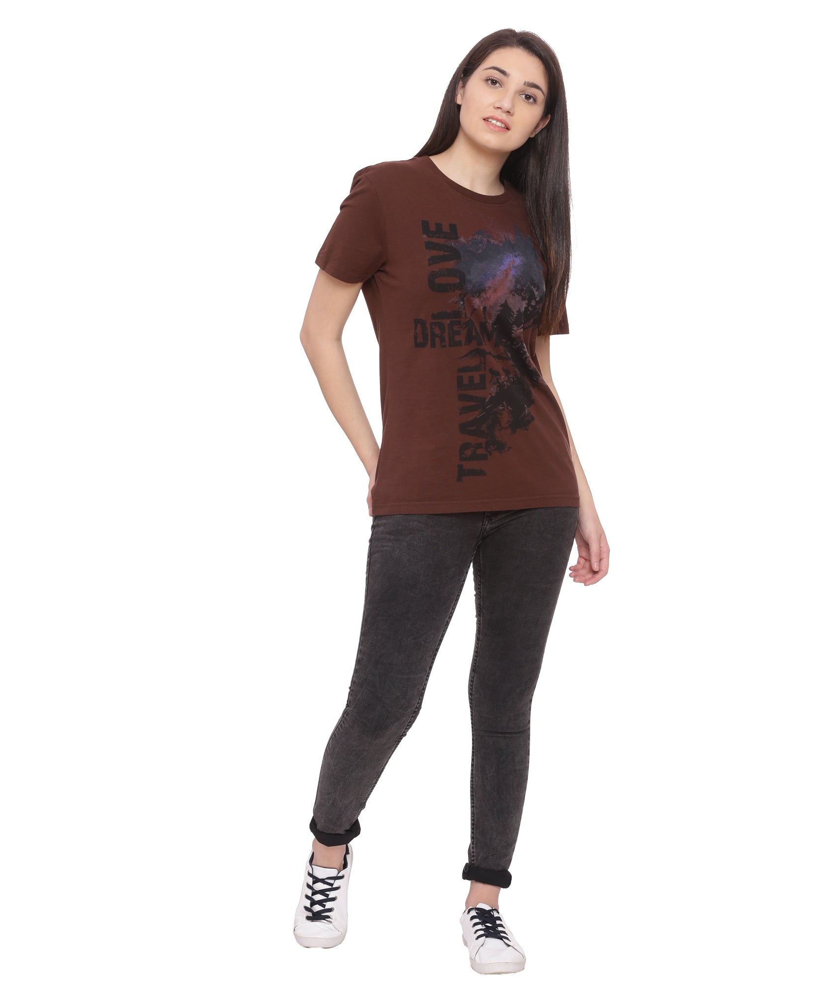 Wolfpack Travel Dream Chocolate Brown Printed Women T-Shirt Wolfpack