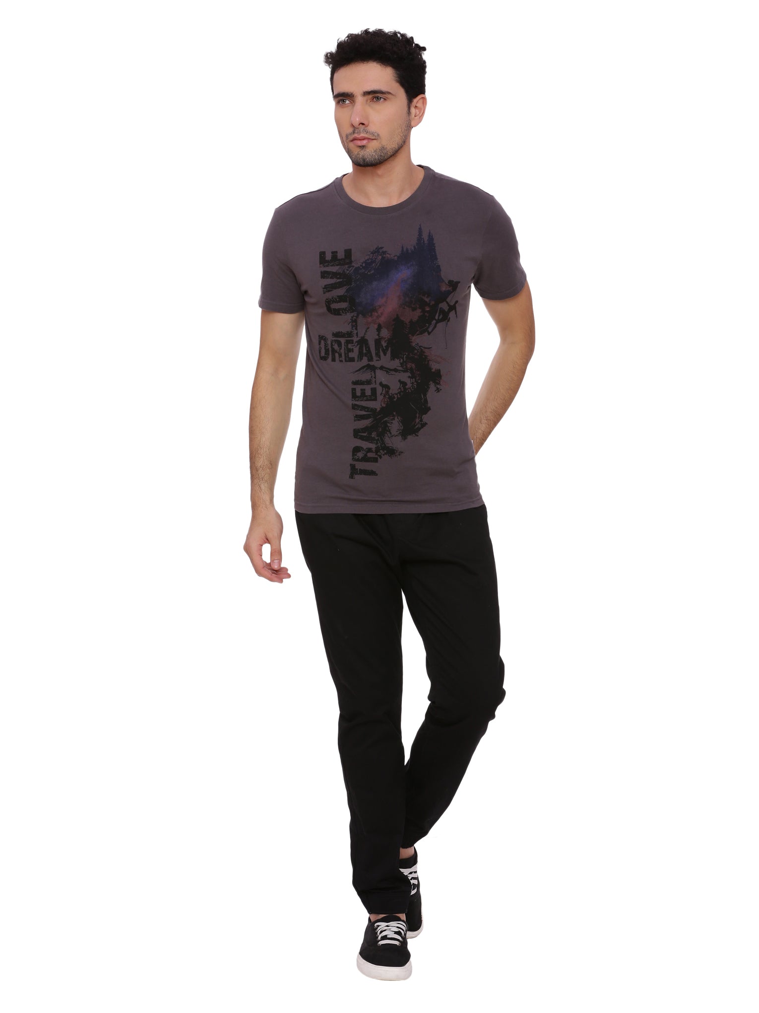 Travel Dream Dark Grey Printed Men T-Shirt Wolfpack