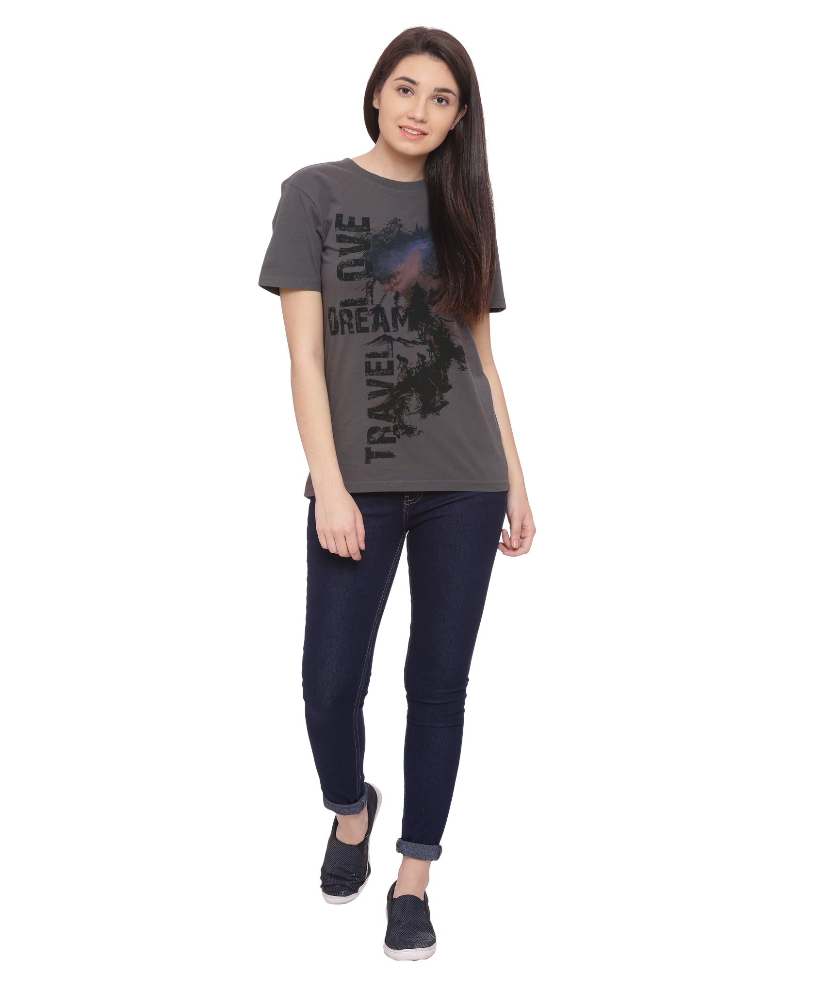 Wolfpack Travel Dream Dark Grey Printed Women T-Shirt Wolfpack