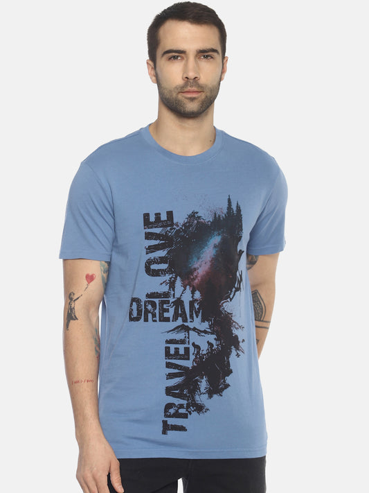 Travel Dream Mid Vel Blue Printed Men T-Shirt Wolfpack