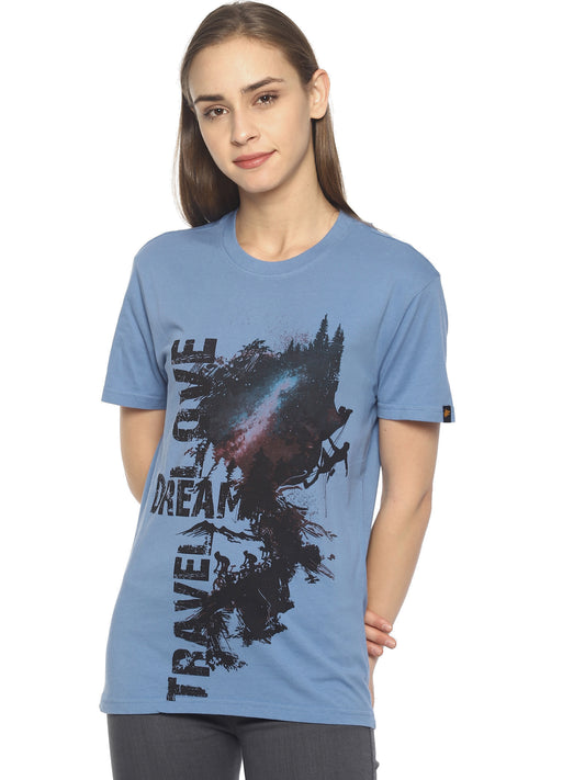 Wolfpack Travel Dream Mid Vel Blue Printed Women T-Shirt Wolfpack