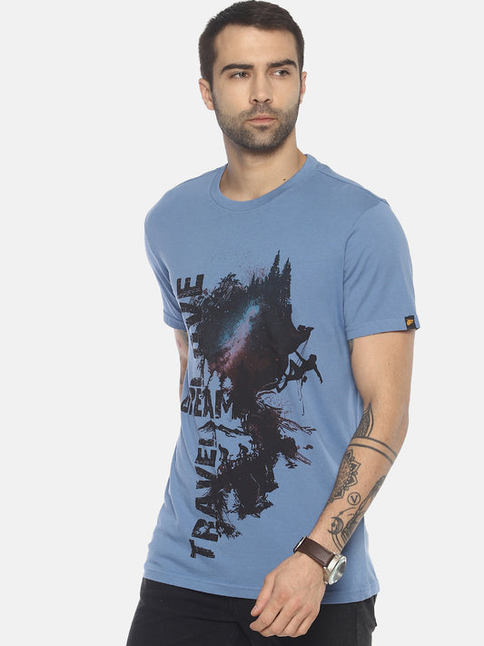 Travel Dream Mid Vel Blue Printed Men T-Shirt Wolfpack