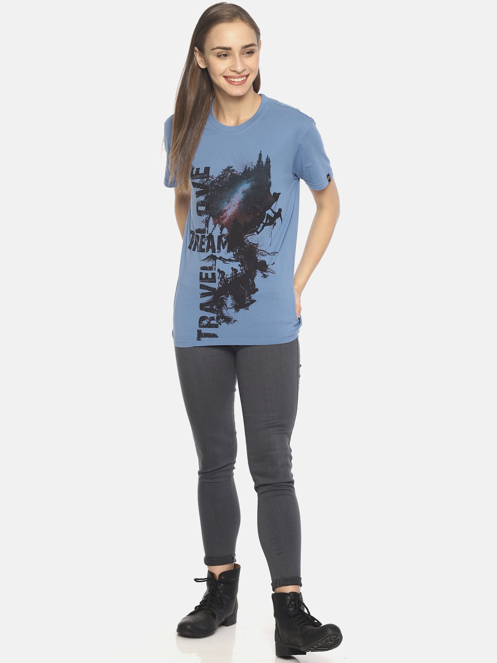 Wolfpack Travel Dream Mid Vel Blue Printed Women T-Shirt Wolfpack