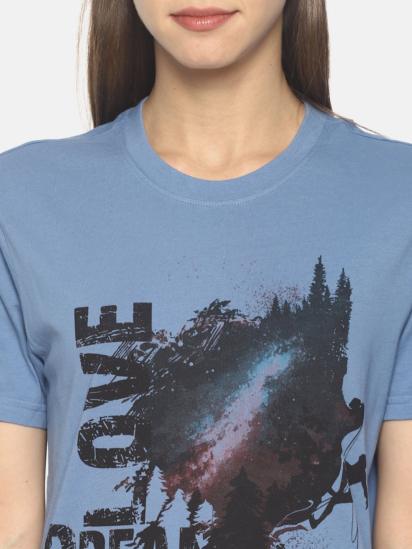 Wolfpack Travel Dream Mid Vel Blue Printed Women T-Shirt Wolfpack