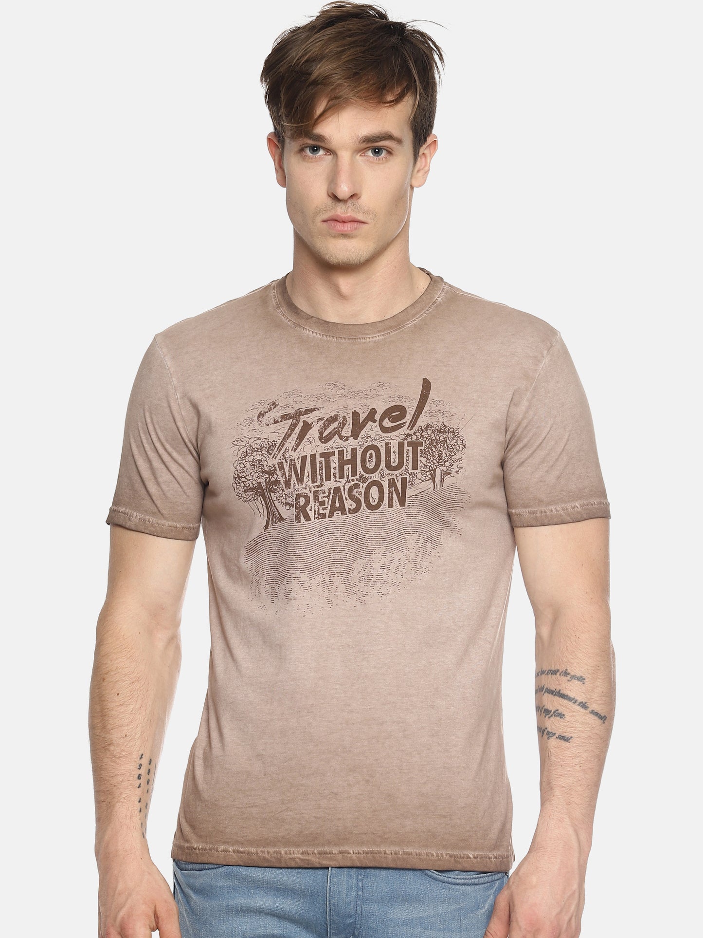 Travel Without Reason Brown Printed Men T-Shirt Wolfpack