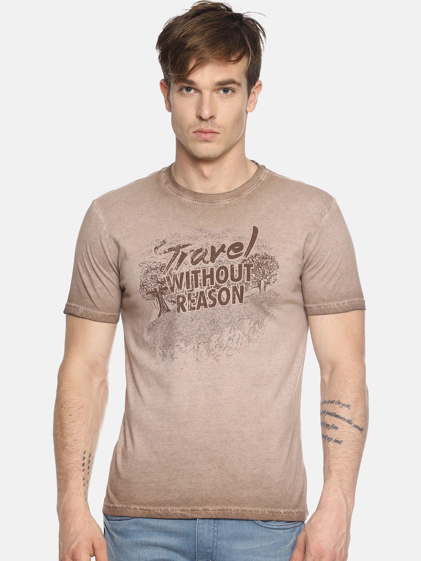 Travel Without Reason Brown Printed Men T-Shirt Wolfpack