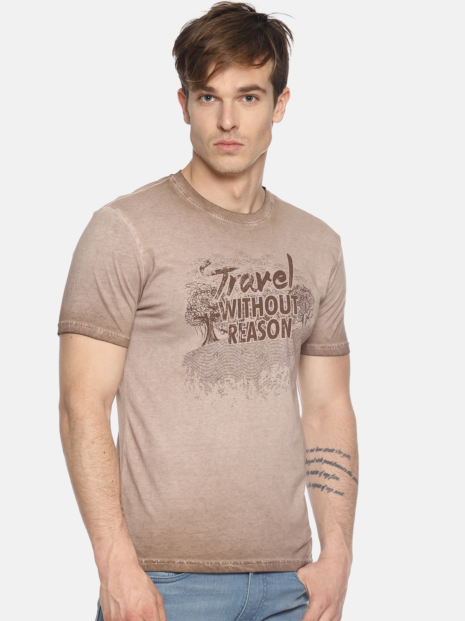 Travel Without Reason Brown Printed Men T-Shirt Wolfpack