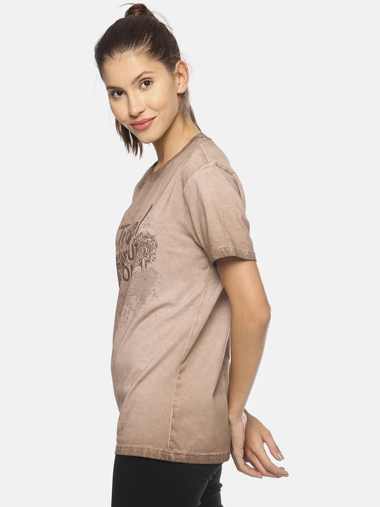Wolfpack Travel Without Reason Brown Printed Women T-Shirt Wolfpack