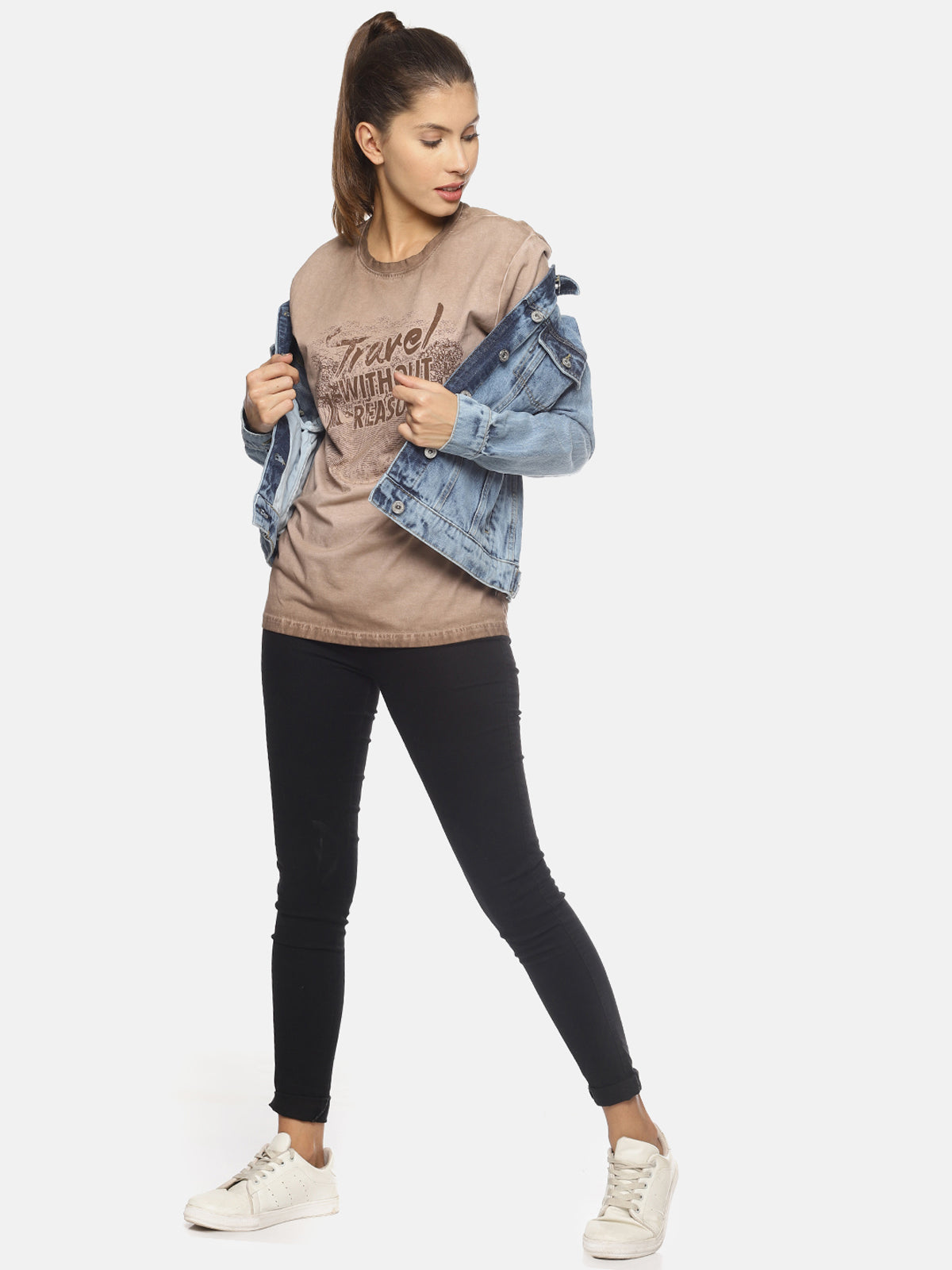 Wolfpack Travel Without Reason Brown Printed Women T-Shirt Wolfpack