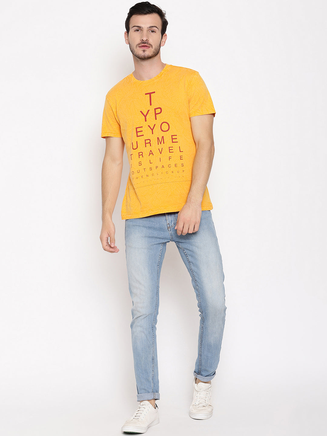 Travel is Life Crinkle Wash Yellow Printed Men T-Shirt