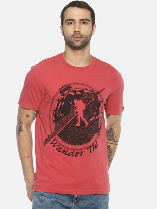 Wander the World Dark Pink Printed Men T-Shirt Wolfpack