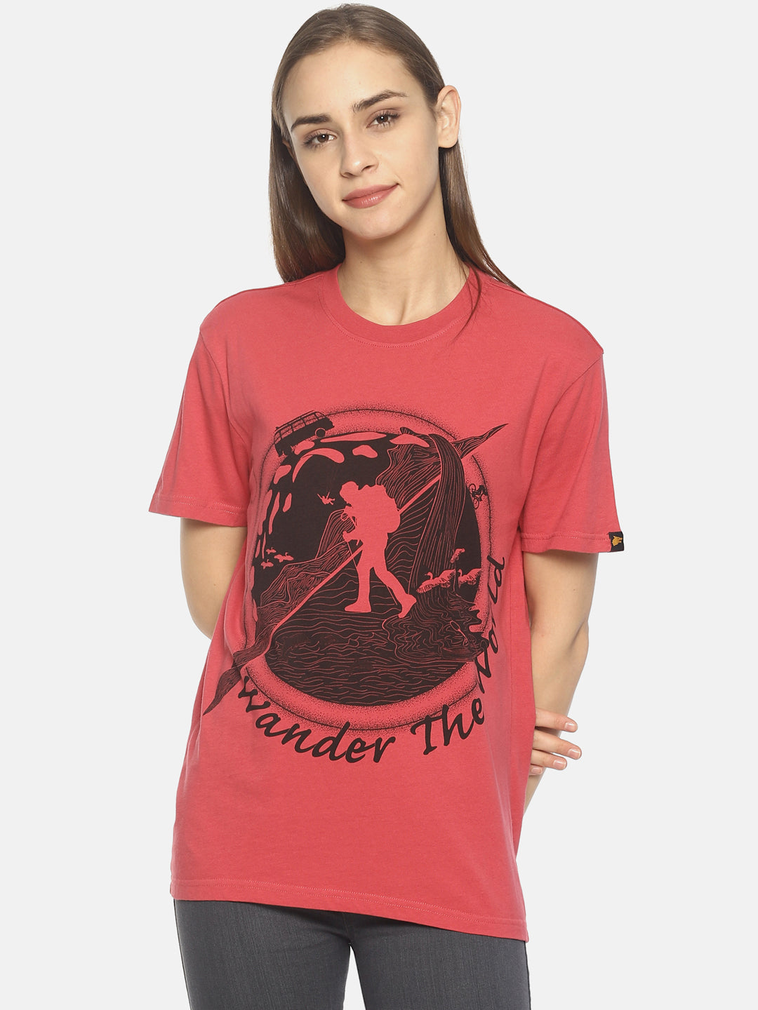 Wolfpack Wander the World Dark Pink Printed Women T-Shirt Wolfpack