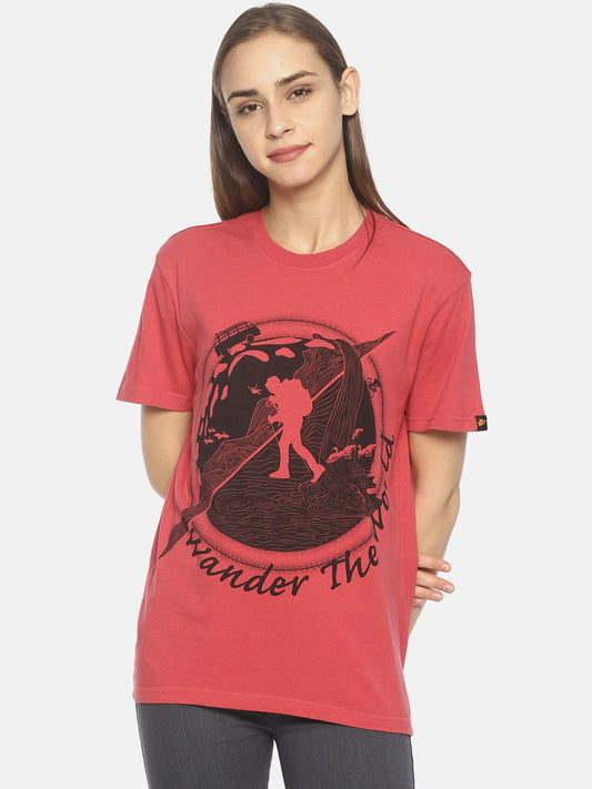 Wolfpack Wander the World Dark Pink Printed Women T-Shirt Wolfpack