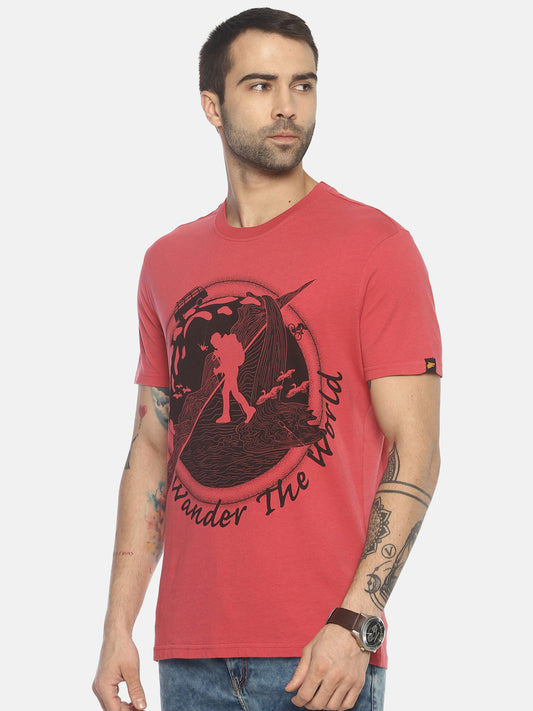 Wander the World Dark Pink Printed Men T-Shirt Wolfpack