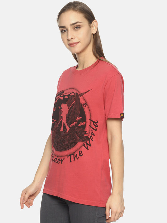 Wolfpack Wander the World Dark Pink Printed Women T-Shirt Wolfpack