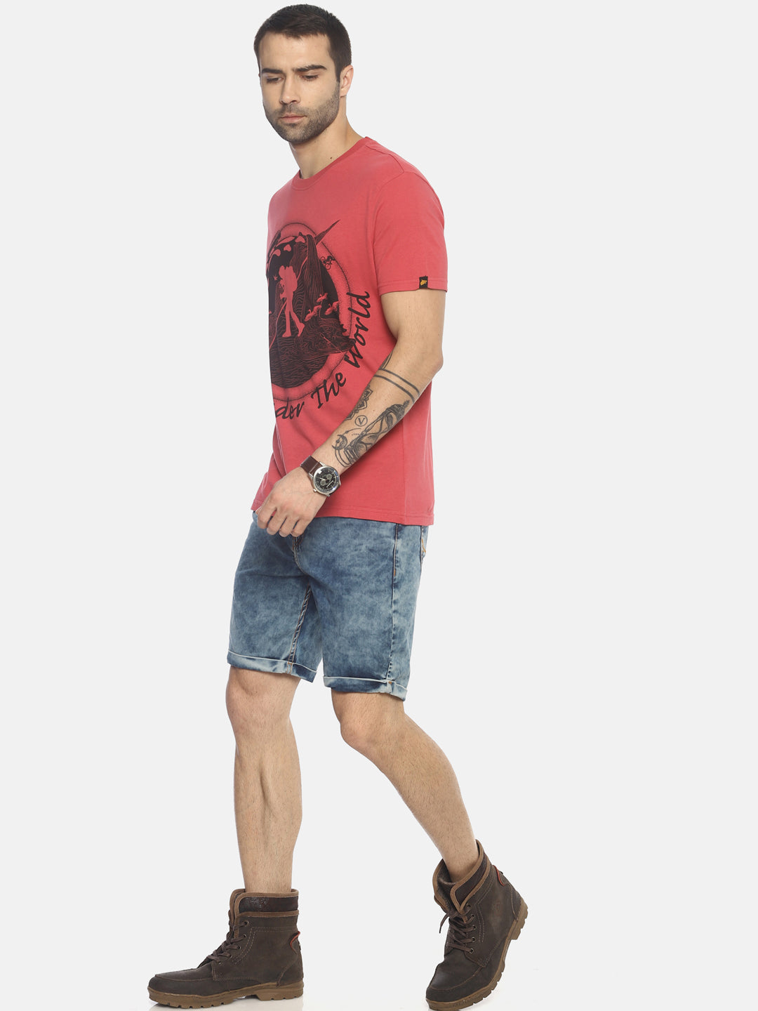 Wander the World Dark Pink Printed Men T-Shirt Wolfpack