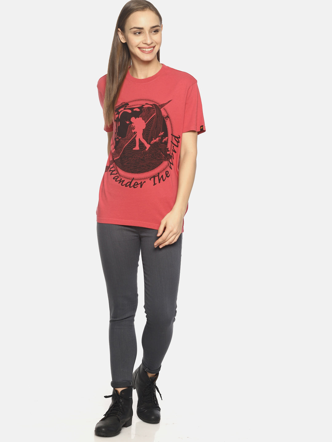 Wolfpack Wander the World Dark Pink Printed Women T-Shirt Wolfpack