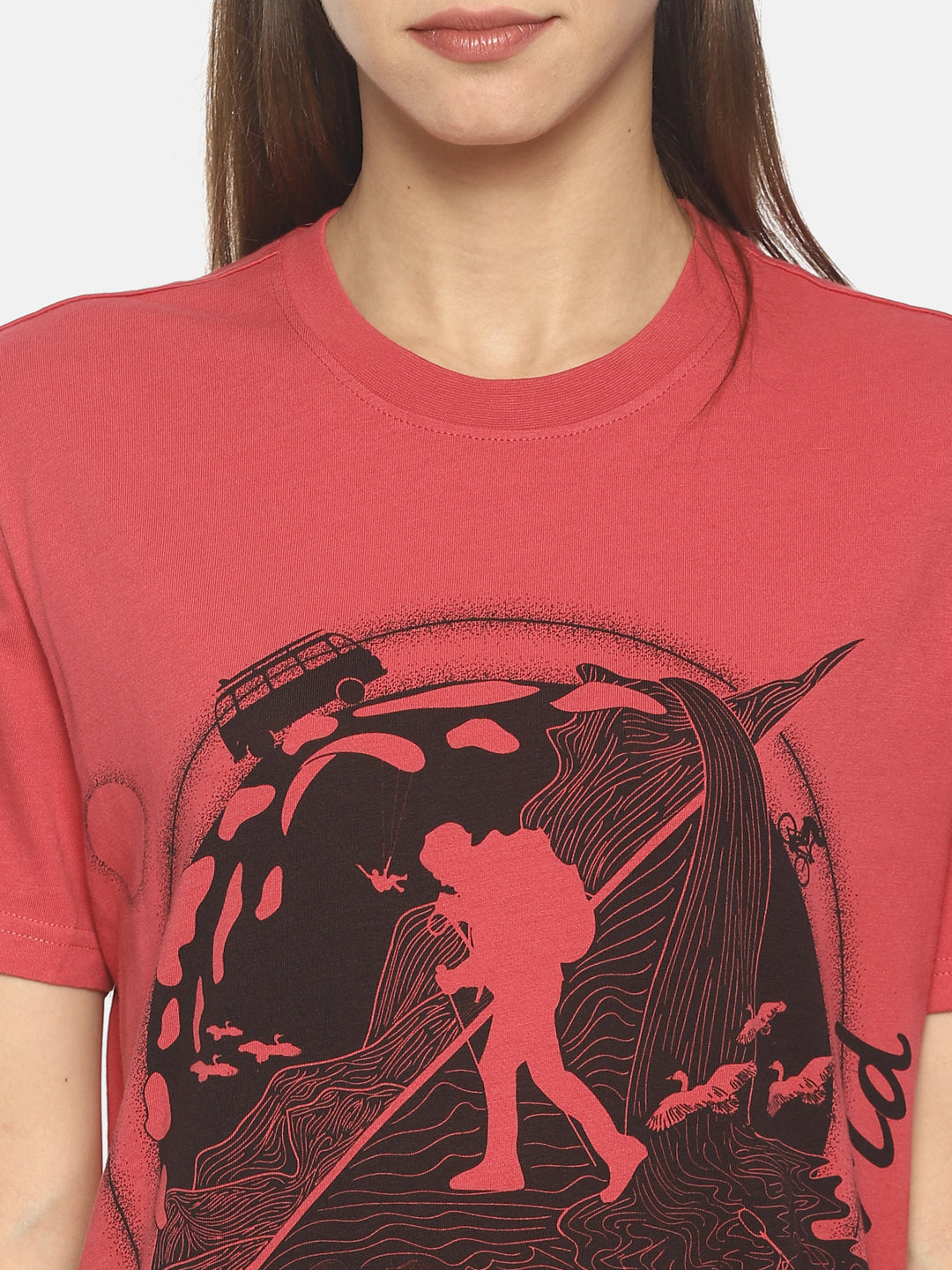 Wolfpack Wander the World Dark Pink Printed Women T-Shirt Wolfpack
