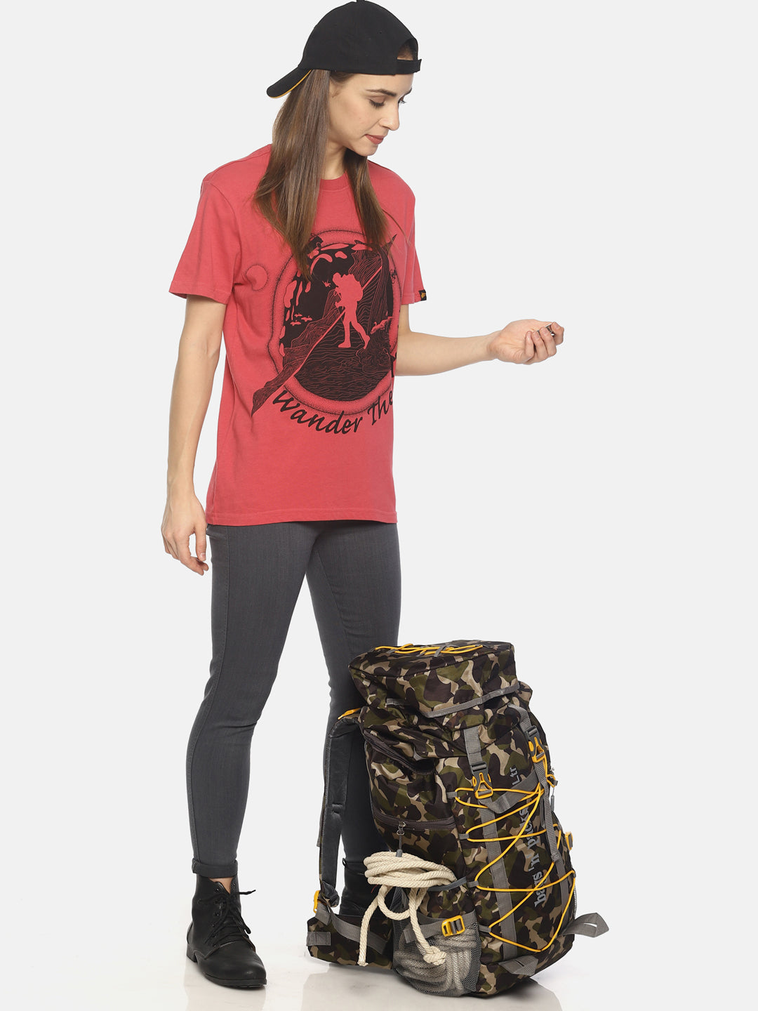 Wolfpack Wander the World Dark Pink Printed Women T-Shirt Wolfpack