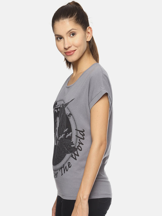 Wolfpack Women Light Grey Printed T-Shirt Wolfpack