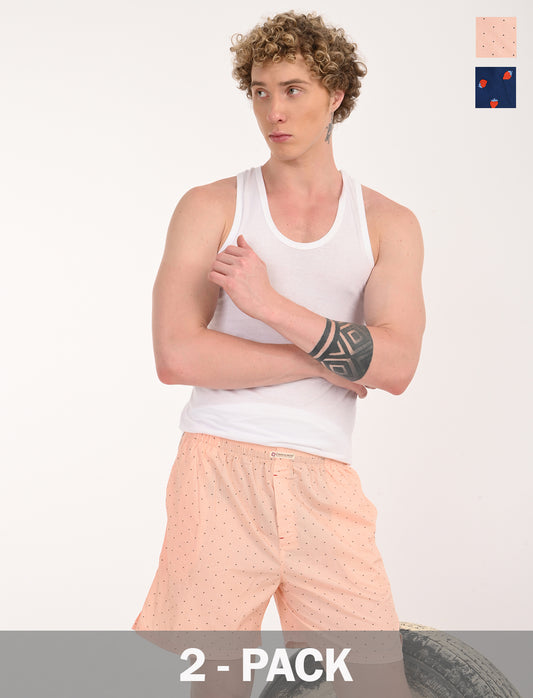 Crosscreek Men’s Boxer Shorts – 2-Pack | Peach Micro Dot & Navy Strawberry Print | Soft Cotton Style