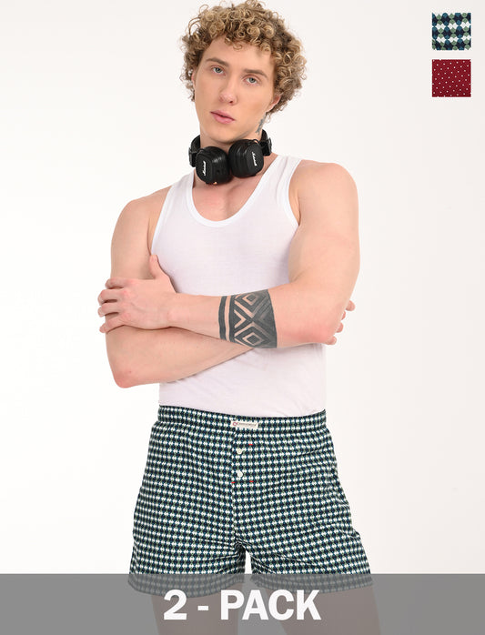 Crosscreek Men's 2-Pack Classic Printed Cotton Boxer Shorts – Blue Diamond & Maroon Polka