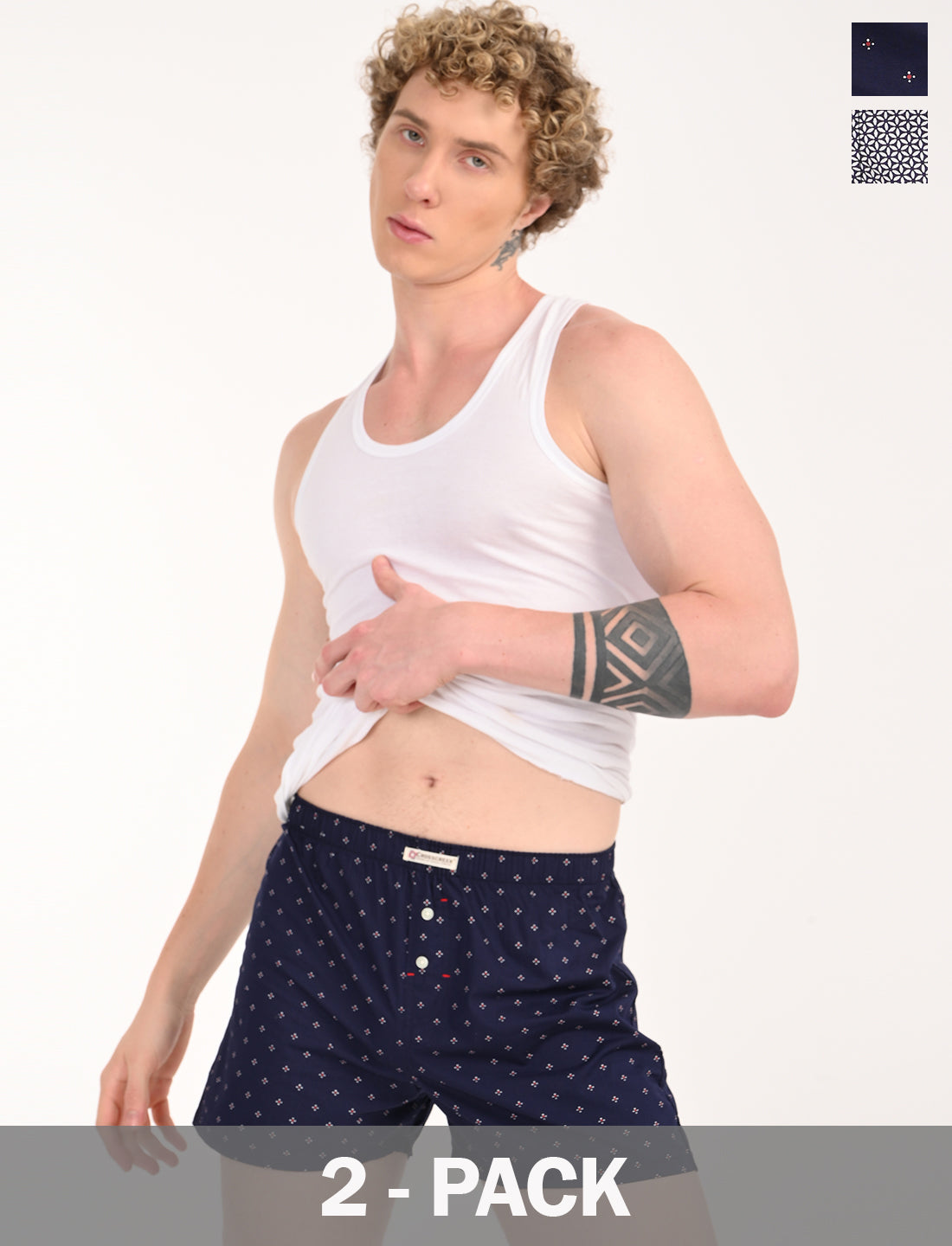 Crosscreek Men's 2-Pack Classic Printed Cotton Boxer Shorts – Navy Base & White Base