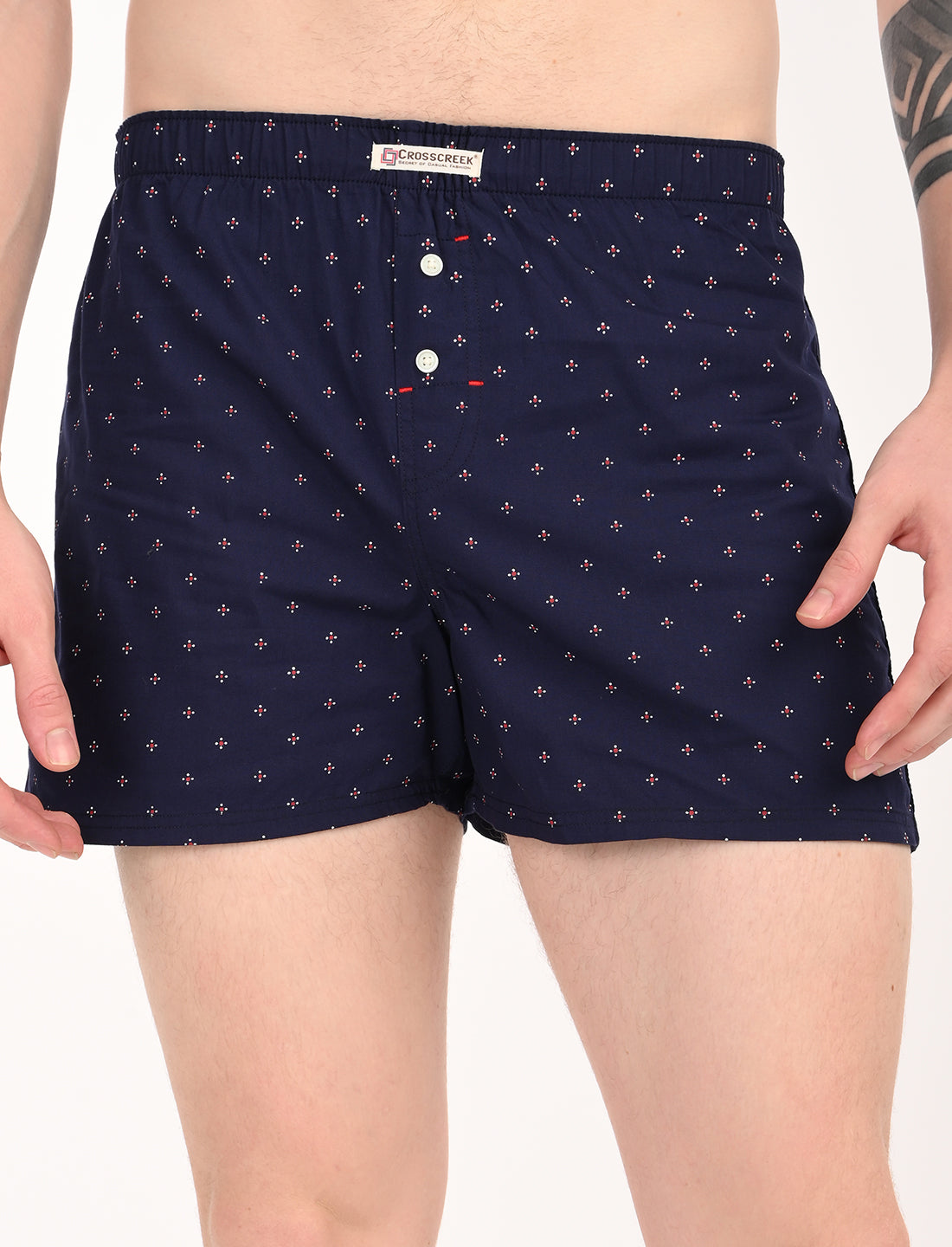 Crosscreek Men's 2-Pack Classic Printed Cotton Boxer Shorts – Navy Base & White Base