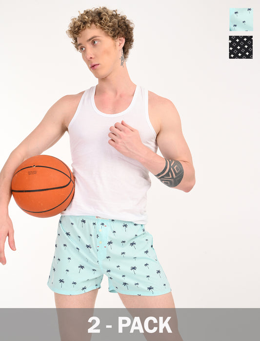 Crosscreek Men's 2-Pack Classic Printed Cotton Boxer Shorts – Aqua Print & Black Geometric Print