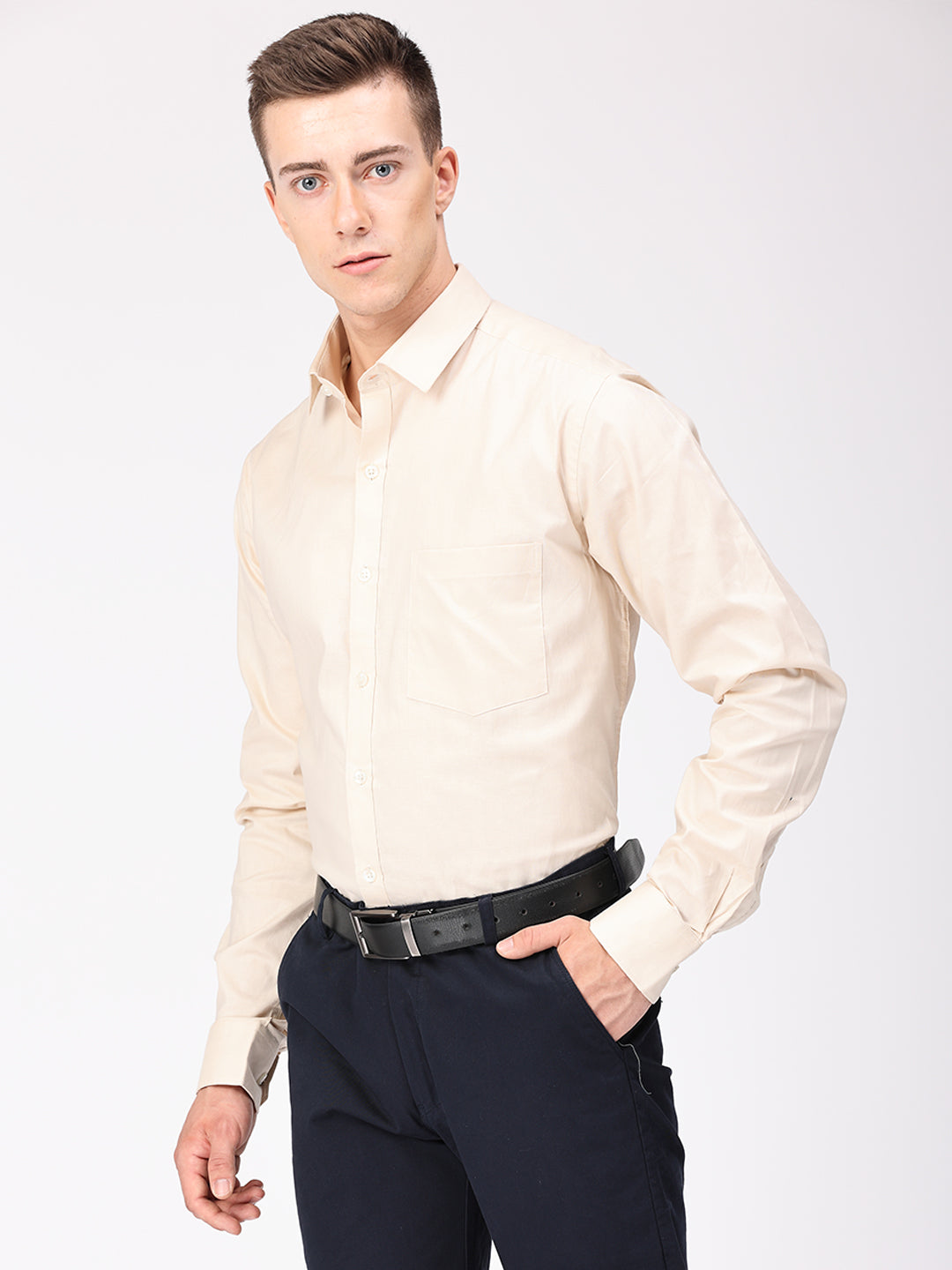 Copperline Men Beige Plain Formal Shirt Copperline