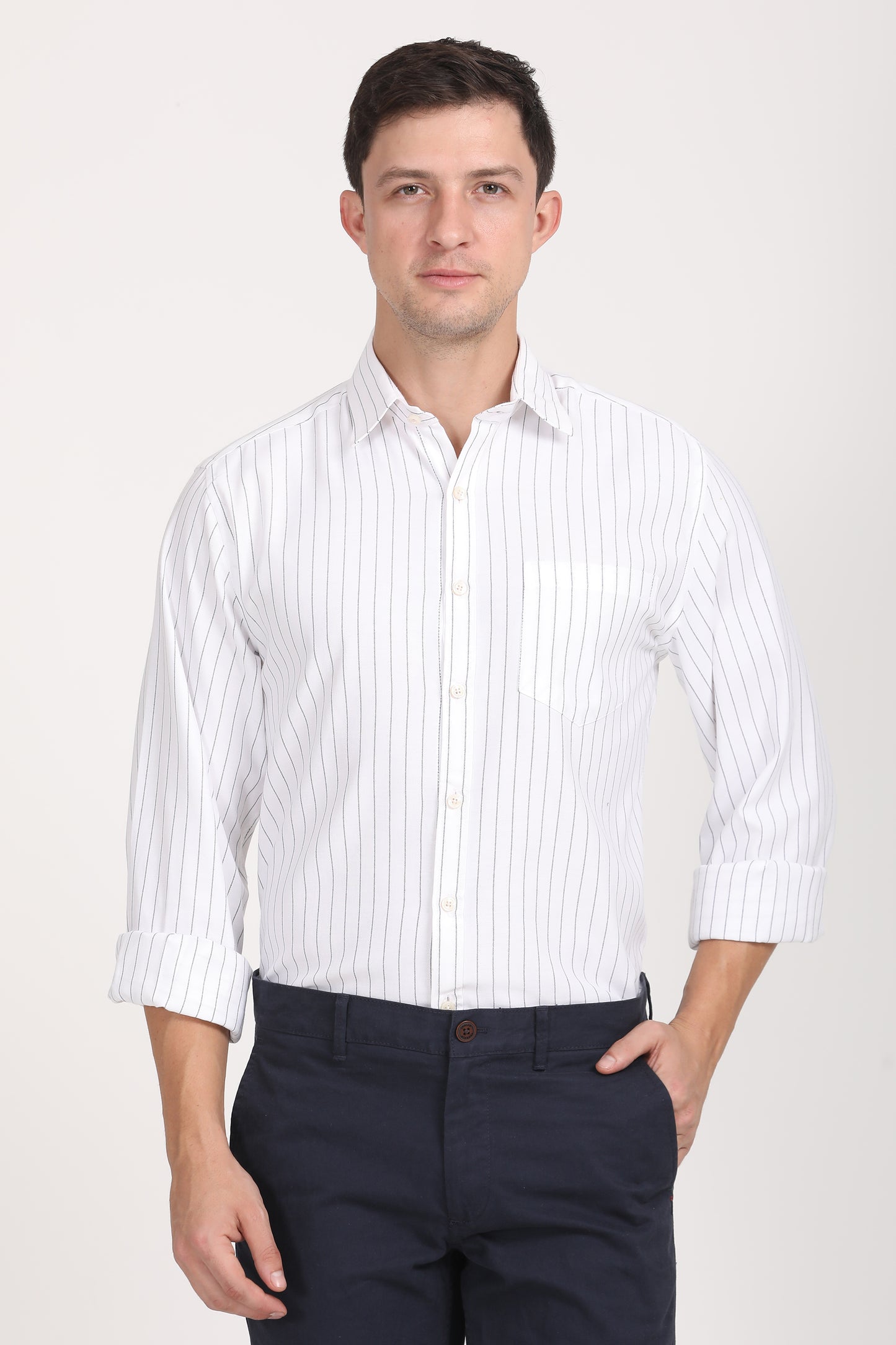 Copperline Men White Stripes Formal Shirt